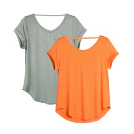 icyzone Open Back Yoga Shirts for Women - Exercise Workout Tops, Athletic Short Sleeves, Running T-Shirts Loose Fit (Grey/Orange, L)