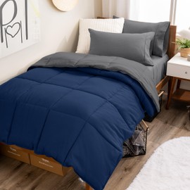 Bare Home Reversible Bed-in-A-Bag Comforter & Sheet Set - Twin - Down Alternative - Soft - Bedding Set (Twin, Dark Blue/Grey, Grey)