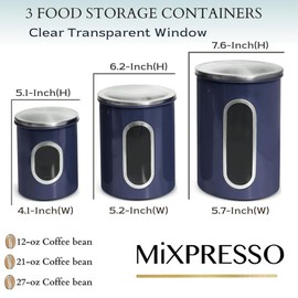 Mixpresso 3 Piece Blue Canisters Sets For The Kitchen, Jars With See Through Window, Airtight Coffee Container Tea Organizer & Sugar Canister, Kitchen Canisters Set of 3 Blue Kitchen Decor.