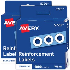 Avery Self-Adhesive Hole Reinforcement Stickers, 1/4" Diameter Hole Punch Reinforcement Labels, White, Non-Printable, 1,000 Per Pack, 2-Pack, 2,000 Total (5615)