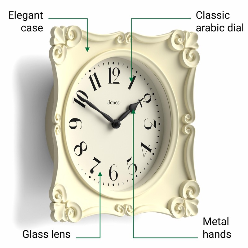 JONES CLOCKS® Rialto Wall Clock | Scroll Vintage Square Clock