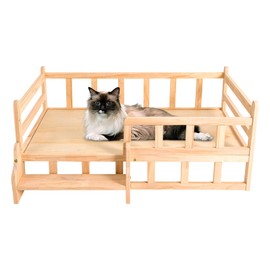 DYNAMI Pine Wood Pet Bed with Staircase,Wooden Dog Bed Frame w/Surrounding Fence,Elevated Dog Bed for Dogs Cats,Load 66lbs (L-37.8" L*22" W*15.3" H)