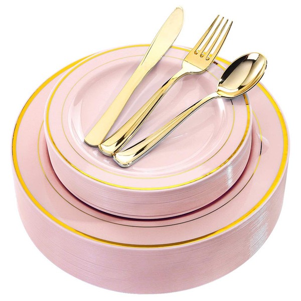 BUCLA 150PCS Pink Plastic Plates With Gold Rim - Pink Plates with Gold Plastic Silverware -Pink Disposable Plates for Easter Party, Bridal Shower, Mother’s Day and wedding