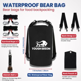 Tough Bison Bear Bag Hanging Kit - 10L Waterproof Bear Proof Food Storage Bag, 2 Straps, Rock Sack & 2 Ropes with 4 Safety Clips for Hiking, Kayaking, Camping, Outdoor Adventures