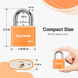 Puroma 2 Pack Keyed Padlock with 3 Keys Alike, 1.1 Inch Locker Lock 40mm Heavy-Duty Locks for Gate Fence Hasp Cabinet Toolbox School Gym Locker (Orange)
