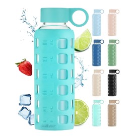purifyou 40/32/22/12 oz Borosilicate Glass Water Bottles with Volume Markers, Silicone Sleeve, Stainless Steel Lid, Reusable Bottle for Water, Juice, Gym, and Fridge Storage (12oz Aqua Blue)