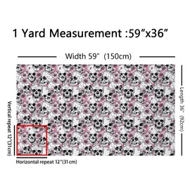 Sketch Skull Fabric by The Yard Watercolor Pink Cherry Blossom Flowers Fabric for Sewing Lovers Gothic Style Rustic Wild Floral Decor Fabric for DIY Upholstery and Home Accents 1 Yard,36" L x 59" W