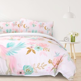BEDMUST Unicorn Duvet Cover Twin - Soft Cute Pink Unicorn Bedding Set with Flowers Leaves and Blue Birds Print Pattern 3 Piece Unicorn Bed Set for Kids Girls Boys (Twin, Gold Moon)