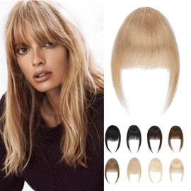 SLEEKALON Clip in Bangs Human Hair Wispy Bangs Blonde Bangs Clip On Fake Bang Real Hair Bangs Fringe with Temples Full Bangs Flat Bangs Hairpiece for Daily Wear Women(#27-Dark Blonde)