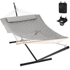 ANOW Double Rope Hammock with Stand 12FT, Heavy Duty Hammock with Polyester Pillow and Pad, 450 LBS Weight Capacity, Light Grey