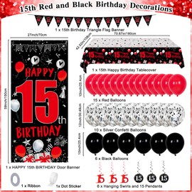 15th Birthday Decorations for Boys Girls, Red Black Happy 15th Birthday Decorations Boy Girl, Happy 15 Bday Banner Backdrop Balloons Tablecover Triangle Flag, 15 Year Old Boy Bday Party Supplies Decor
