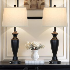 Cinyirong 30" Tall Table Lamps Set of 2, Touch Control Bedside Lamp with USB A+C Ports and AC Outlet, 3-Way Dimmable Modern Metal Nightstand Lamp for Bedroom Living Room, 2 LED Bulbs Included, Black