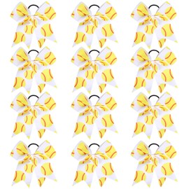 12 PCS Softball Baseball Cheer Bows, Sparkly Rugby Hair Bows with Elastic Hair Ties Accessories for Teens Girls Women Cheerleading Softball Competition Sports (Yellow Softball)