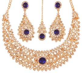 NEW! Touchstone Indian Bollywood Charming Workmanship Handcrafted Scintillating Faux Blue Sapphire Rivoli Shape Designer Jewelry Bridal Hasli Necklace Set In Gold Tone For women.