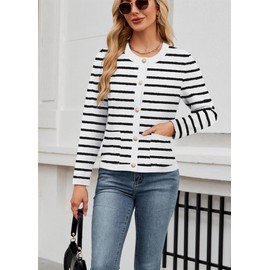 Neineiwu Cardigan for Women Elegant Crew Neck Long Sleeve Cardigan with Buttons and Golden Metal Buttons Pockets, Stripes Black, S