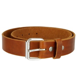 Mens full grain one piece heavy duty genuine leather work belt with roller buckle Made In USA (Cognac,50)