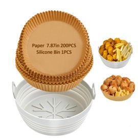 Air Fryer Liners, IMAGE Air Fryer Silicone Liners and Paper Air Fryer Liner Disposable 200PCS, 8 Inches Round Parchment Paper, Non-Stick Wax Paper for Air Frying, Baking, Roasting Microwave and Oven