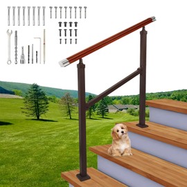 Stair Railings for Outdoor Steps, Wood Brown Imitation Hand Rail, Porch Handrails for Stairs, 3 Steps Handrails Outdoor, Metal Railings for Wooden,Concrete,Brick Steps, with Installation Kit