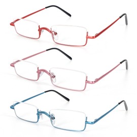 DXYXYO 3 Pack Half Moon Reading Glasses for Women 3.5, Metal Semi Rim Mens Readers with Spring Hinge, Pink Blue Red