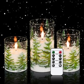 Eldnacele Christmas Tree Glass Flameless Candles Remote and Timer, Battery Operated Flickering LED Pillar Candles Warm White Light 3 Pack Dinner Xmas Festival Gift Holiday Decor(Green,3×4/5/6 Inch)