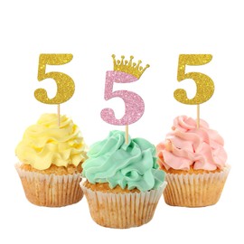 MonMon & Craft 5th Birthday Cupcake Toppers/Children Girls 5th Birthday Cupcake Toppers/Crown Five Years Old/Kids Birthday Party Decorations Number 5 / Glitter - 24 Pcs