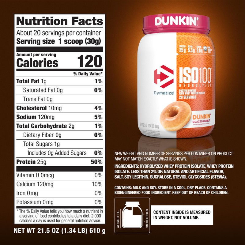 Dymatize x Dunkin' Glazed Donut ISO100 Whey Protein Powder, 25g