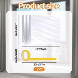 Indoor Window Shrink Film Kit 1.6m x 12m, Double Sided Tape 1.5cm x 20m x 3 Rolls, POF Insulating Shrink Film for Windows, High Definition Transparent