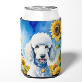 Caroline's Treasures White Poodle in Sunflowers Can or Bottle Hugger Cooler Washable Drink Sleeve Collapsible Beverage Insulated Holder, Can Hugger, Multicolor