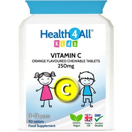 Kids Vitamin C 250mg 90 Tablets (V) Vegan Chewable Vitamin C Tablets for Children 3+. Made in The UK by Health4All