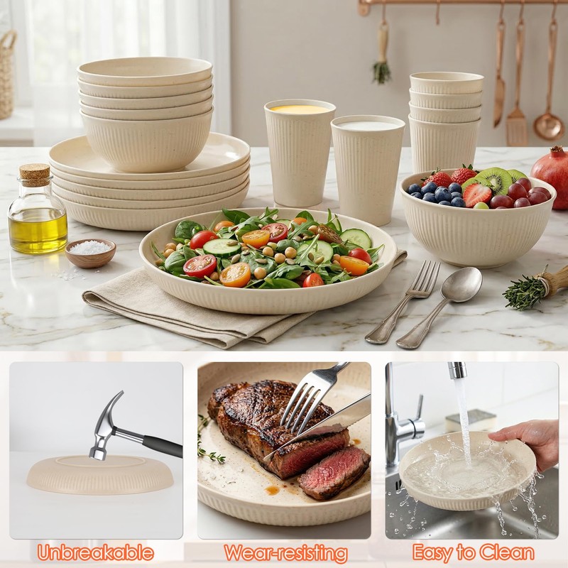 Plastic Dinnerware Sets for 6 People 18pcs Camping Plates and