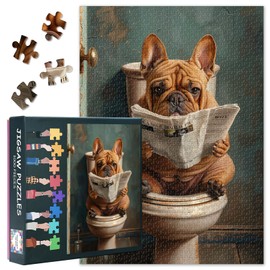 Jigsaw Puzzles for Adults French Bulldog Sits on a Toilet 1000 Piece Jigsaw Puzzle Fun Animal Puzzle Dog Reading a Newspaper Puzzles Decompressing Challenging for Family Activity(50.5x70.5cm)