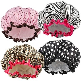Shower Cap Set of 4, 28 cm Diameter, Polka Dot, Zebra and Leopard Print Design with Ruffled Trim