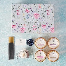 Hosley Luxury Fragrance Gift Box Set of 4 Votive Candles, Ceramic Incense Holder, 20 Incense Sticks, and Rose Petal Bag Premium Aromatherapy Set for Relaxation and Gifting