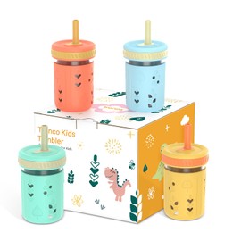 Tronco Glass Mason Jar Sippy Cups for Toddlers, 8 oz Kids Smoothie Cups with Straws and Silicone Sleeves, Spill Proof, BPA-Free