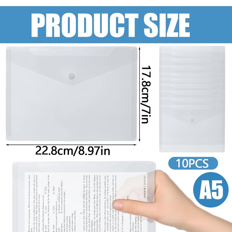 Document Wallet A5, Pack of 10 Envelope Folders for Filing,