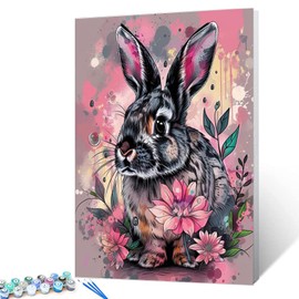 Aihonmin Cute Rabbit Paint by Numbers Kits for Adult Bunny Paint by Numbers Graffiti Flower Paint Works Painting Art Gift Canvas Perfect for Gift Home Wall Decor without Framed 16''W x 20''H