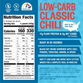 The Good Bean Heat and Eat Pouch - Low-Carb Classic Chili - (4 Pack) 10 oz Pouch - Simmered Black Soybeans with Chili Powder - Pre-Cooked Beans with Good Source of Plant Protein and Fiber