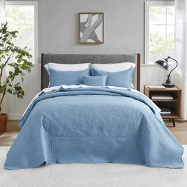 CHIXIN Oversized Bedspread Coverlet Set King Size - Lightweight Bedding Cover - Ultrasonic Quilting - 4 Piece Reversible Bedspread - Vintage Rose Pattern (King, Ashley Blue)