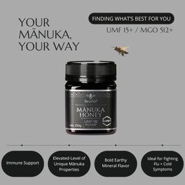 BeeNZ Raw Manuka Honey, Certified UMF 15+ (MGO 514+), Pure New Zealand Monofloral Manuka, Natural Sweetener, Superfood for Immune Support, No Sugar Added, Traceable from Hive to Jar, 8.8 oz/250g