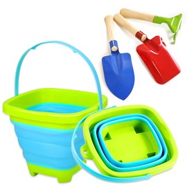 Collapsible Beach Buckets for Kids with 3pcs Metal Shovels, Collapsible Beach Toys for Kids Toddlers, Silicone Pails for Beach Travel Essentials