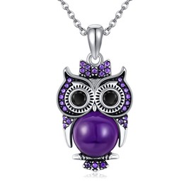 URONE Owl Necklace Silver 925 Owl Purple Crystal Pendant Necklace Owl Jewellery Owl Gifts for Women Ladies, No Gemstone