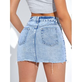 SweatyRocks Women's Casual Ripped Jean Skirt High Waist Raw Hem Mini Denim Skirts Light Blue L