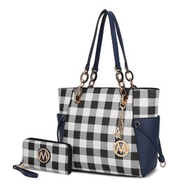 MKF 2-PC Set Tote Satchel Bag for Women & Wristlet Wallet Purse: PU Leather Handbag Pocketbook, Shoulder Strap Navy