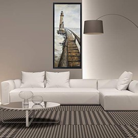 Oakland Living Hand Painted Acrylic Vintage Light House 32 x 71 Rectangular Black Wooden Frame Canvas Wall Art, Large, Grey