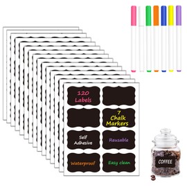 Chalkboard Label Stickers, HERDIN Reusable Waterproof Blackboard Labels with 7 Chalk Markers, Labels for Storage Bins, Food Containers, Mason Jars, Spice Jars, Bottle, Kitchen (120 PCS, Wavy Shape)