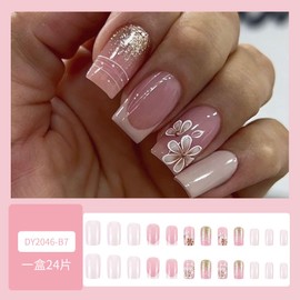White French Tip Press on Nails Medium Square Fake Nails Glossy Pink Acrylic Full Cover Flower Glue on Nails with Glitter Designs French False Nails Stick on Nails Artificial Nails for Women Girls