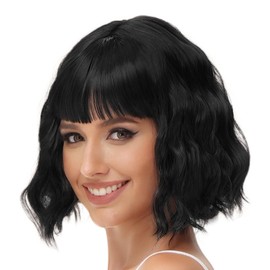 Luxiremi Wig Tail Short Curly Wavy Wig Bob with Fringe Synthetic Hair Cosplay Wig for Women