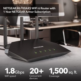 NETGEAR 4-Stream WiFi 6 Router (R6700AXS) – with 1-Year Armor Internet Security - AX1800 Wireless Speed (Up to 1.8 Gbps) | Coverage up to 1,500 sq. ft., 20+ Devices