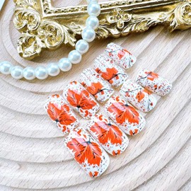 24pcs Fall Press on Nails Medium Square Fiery Red Maple Leaf Fake Nails with Designs Autumn Leaves False Nails Kit Thanksgiving Stick on Nail Full Cover Acrylic Nails for Women Manicure