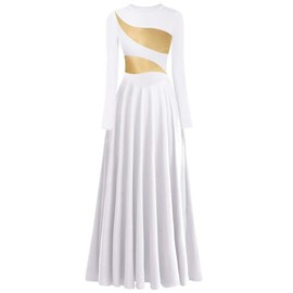 yrsZX Women's Praise Dance Dress Leaf Gold Metallic Long Sleeve Liturgical Worship Lyrical Dance Costume Church Robe Tag S, White